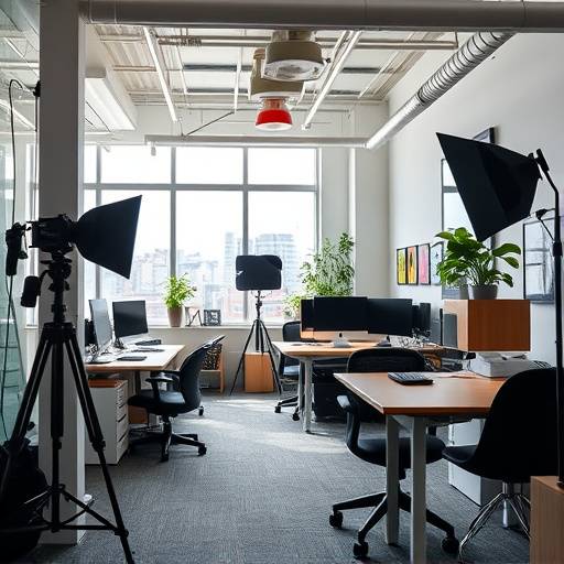 Interior view of Shutterbug Central's Seattle office, showcasing a collaborative workspace with photography equipment